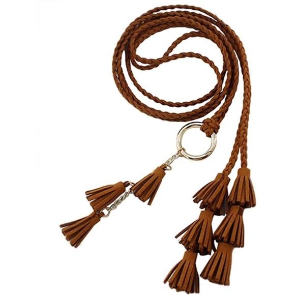Women Girls PU Leather Waist Belt Chain Skinny Rope with Double Tassel main image 5